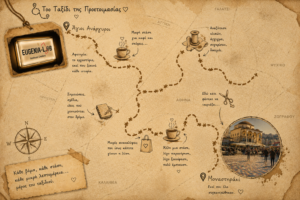 This illustrated map evokes the charm of a vintage treasure hunt, blending sepia tones and aged paper textures. It features a detailed route through Athens marked by whimsical doodles, handwritten Greek text, and iconic sketches, showcasing a journey filled with creative stops, discoveries, and reflections, all leading to the heart of Monastiraki.