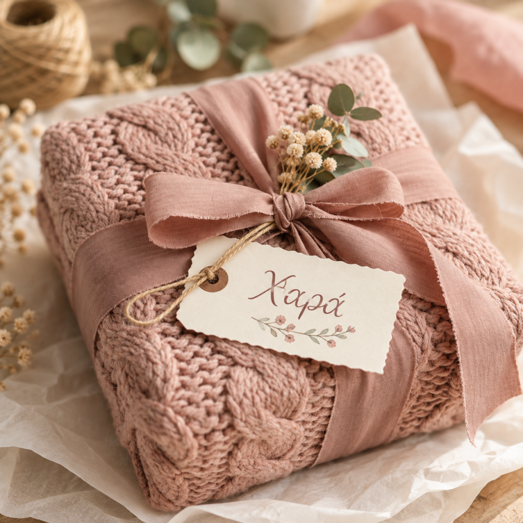Χειροποίητο δώρο τυλιγμένο με dusty pink κορδέλα και διακοσμημένο με αποξηραμένα λουλούδια και καρτελάκι «Χαρά», σε ατμόσφαιρα εργαστηρίου.
