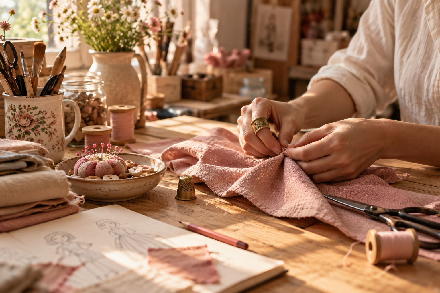 Χέρια δουλεύουν πάνω σε dusty pink ύφασμα σε ξύλινο πάγκο εργαστηρίου, ανάμεσα σε κλωστές, ψαλίδι, δαχτυλήθρα, υλικά ραπτικής και σχέδια για χειροποίητες δημιουργίες.